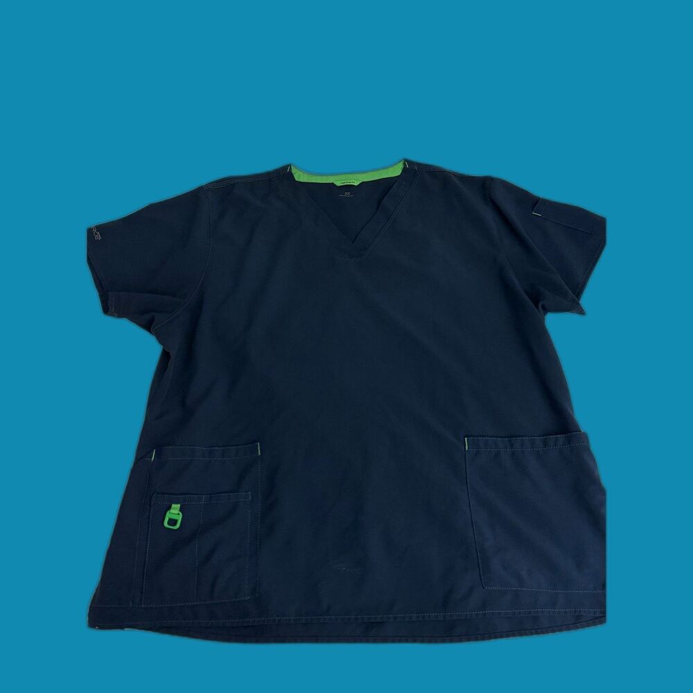 Carhartt Force Navy V-Neck Scrub Top Women's 2X Green Trim Utility Pockets
